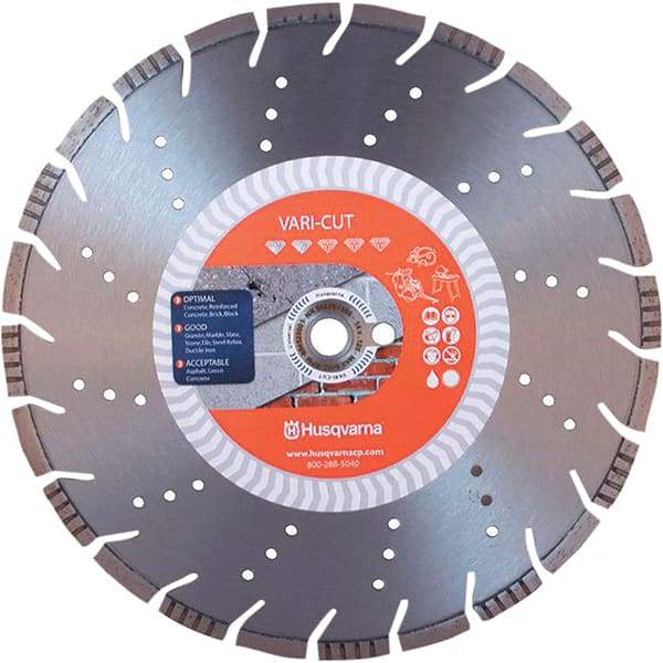 Husqvarna - 14" Diam, 25/32 & 1" Arbor Hole Diam, Continuous Edge Tooth Wet & Dry Cut Saw Blade - Diamond-Tipped, General Purpose Action, Standard Round Arbor - Top Tool & Supply