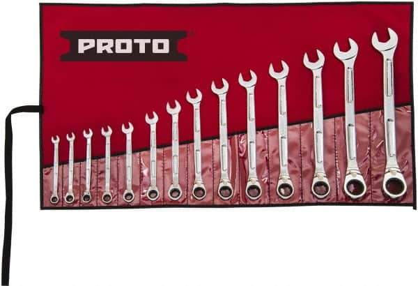 Proto - 14 Piece, 6mm to 19mm, Ratcheting Combination Wrench Set - Metric Measurement Standard, Full Polish Finish, Comes in Pouch - Top Tool & Supply