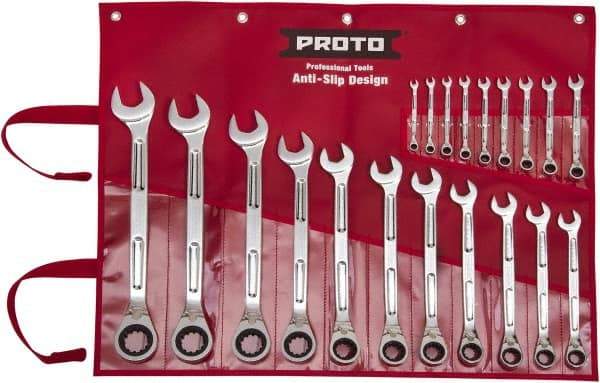 Proto - 20 Piece, 6mm to 32mm, Ratcheting Combination Wrench Set - Metric Measurement Standard, Full Polish Finish, Comes in Pouch - Top Tool & Supply