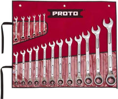 Proto - 18 Piece, 1/4" to 1-1/4", Ratcheting Combination Wrench Set - Inch Measurement Standard, Full Polish Finish, Comes in Pouch - Top Tool & Supply