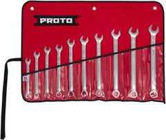 Proto - 10 Piece, 10mm to 19mm, 6 Point Combination Wrench Set - Metric Measurement Standard, Full Polish Finish, Comes in Tool Roll - Top Tool & Supply