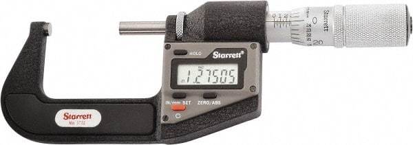 Starrett - 25.4 to 50.8 mm Range, 0.0001" Resolution, Standard Throat, Electronic Outside Micrometer - 0.0001" Accuracy, Friction Thimble, Micro Lapped Carbide Face, CR2450 Battery, Includes 3V Battery - Top Tool & Supply