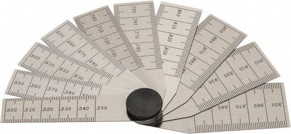 Starrett - 1/2 to 1 Inch Measurement, 10 Leaf Taper Gage - 2-3/4 Inch Long, Tempered Steel, 0.001 Inch Graduation - Top Tool & Supply