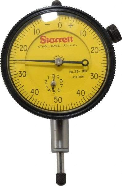 Starrett - 10mm Range, 0-50-0 Dial Reading, 0.01mm Graduation Dial Drop Indicator - 2-1/4" Dial, 1mm Range per Revolution - Top Tool & Supply