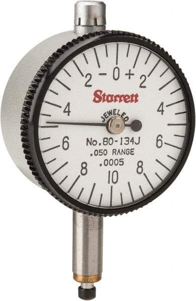 Starrett - 0.05" Range, 0-10-0 Dial Reading, 0.0005" Graduation Dial Drop Indicator - 1-1/4" Dial, 0.02" Range per Revolution - Top Tool & Supply