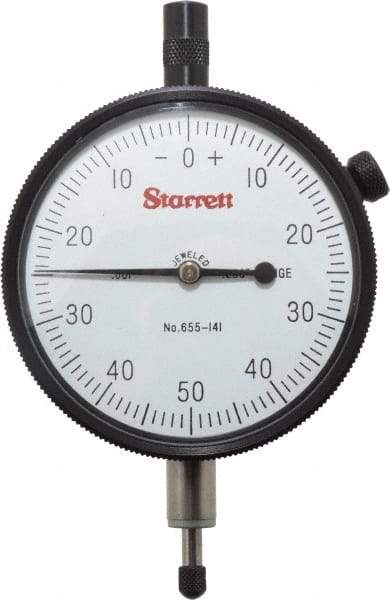 Starrett - 1/4" Range, 0-50-0 Dial Reading, 0.001" Graduation Dial Drop Indicator - 2-3/4" Dial, 0.1" Range per Revolution - Top Tool & Supply