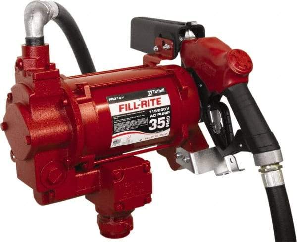 Tuthill - 35 GPM, 1" Hose Diam, Gasoline, Kerosene & Diesel Fuel AC High Flow Tank Pump with Auto Nozzle - Cast Iron Pump, 1-1/4" Inlet, 1" Outlet, 115/230 Volts, 18' Hose Length, 3/4 hp - Top Tool & Supply