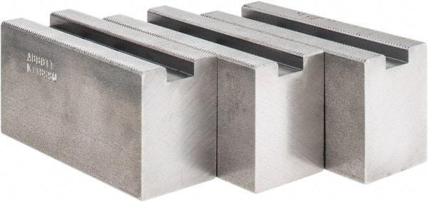 Abbott Workholding Products - 1.5mm x 60° Serrated Attachment, Square Soft Lathe Chuck Jaw - 3 Jaws, Steel, 63/64" Btw Mount Hole Ctrs, 4" Long x 1-1/2" Wide x 2" High, 0.5512" Groove, 0.4724" & 12mm Fastener - Top Tool & Supply