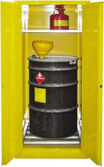 Securall Cabinets - 31" Wide x 31" Deep x 65" High, 18 Gauge Steel Vertical Drum Cabinet with 3 Point Key Lock - Yellow, Manual Closing Door, 1 Shelf, 1 Drum, Drum Rollers Included - Top Tool & Supply