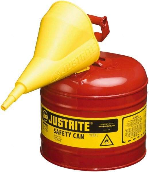 Justrite - 2 Gal Brass Type I Safety Can - 9-1/2" High, Red - Top Tool & Supply