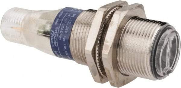 Telemecanique Sensors - 4 Pin M12 Connector, 0.1m Nominal Distance, Shock and Vibration Resistant, Diffused Photoelectric Sensor - 12 to 24 VDC, 500 Hz, Nickel Plated Brass, 2.36 Inch Long x 0.71 Inch Wide - Top Tool & Supply