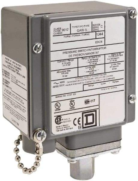 Square D - 4, 13 and 4X NEMA Rated, SPDT, 90 to 2,900 psi, Electromechanical Pressure and Level Switch - Fixed Pressure, 120 VAC at 6 Amp, 125 VDC at 0.22 Amp, 240 VAC at 3 Amp, 250 VDC at 0.27 Amp, 1/4 Inch Connector, Screw Terminal, For Use with 9012G - Top Tool & Supply