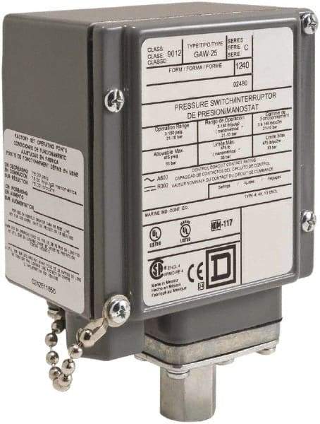 Square D - 4, 13 and 4X NEMA Rated, DPDT, 13 to 425 psi, Electromechanical Pressure and Level Switch - Fixed Pressure, 120 VAC at 6 Amp, 125 VDC at 0.22 Amp, 240 VAC at 3 Amp, 250 VDC at 0.11 Amp, 1/4 Inch Connector, Screw Terminal, For Use with 9012G - Top Tool & Supply