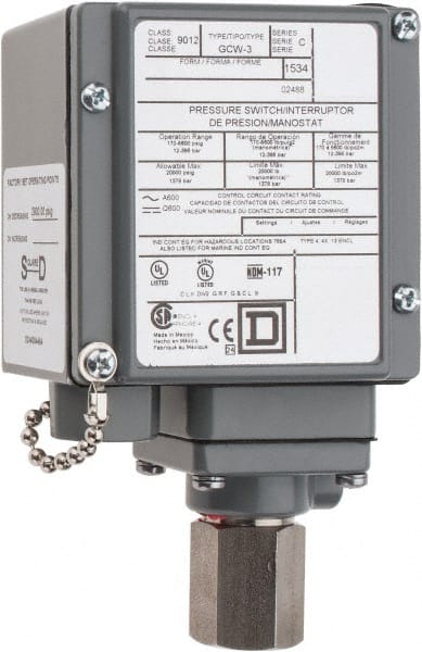 4, 13 and 4X NEMA Rated, SPDT-DB, 170 to 5,600 psig, Electromechanical Pressure and Level Switch Adjustable Pressure, 120 VAC, 125 VDC, 240 VAC, 250 VDC, 1/4 (Fluid Connection), 1/2 Inch (Conduit) Connector, Screw Terminal, For Use with Hydraulic Systems,