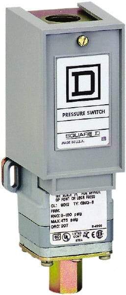 Square D - 1 NEMA Rated, SPDT, 3 to 150 psi, Electromechanical Pressure and Level Switch - Adjustable Pressure, 120 VAC at 6 Amp, 125 VDC at 0.22 Amp, 240 VAC at 3 Amp, 250 VDC at 0.27 Amp, 1/2 Inch Connector, Screw Terminal, For Use with 9012G - Top Tool & Supply