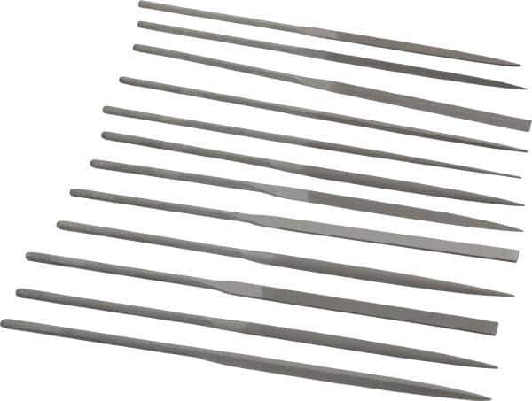 Grobet - 12 Piece Swiss Pattern File Set - 5-1/2" Long, 0 Coarseness, Set Includes Barrette, Crossing, Equalling, Half Round, Knife, Marking, Round, Round Edge Joint, Slitting, Square, Three Square, Warding - Top Tool & Supply