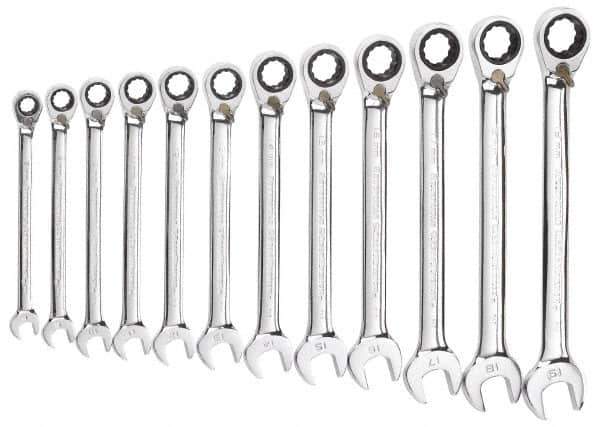 GearWrench - 12 Piece, 8mm to 19mm, Ratcheting Combination Wrench Set - Metric Measurement Standard, Chrome Finish, Comes in Tray - Top Tool & Supply