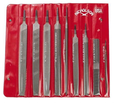 Nicholson - 9 Piece American Pattern File Set - 6", 8", 10" Long, Bastard/Smooth Coarseness, Set Includes Flat, Half Round, Mill, Round, Slim Taper - Top Tool & Supply