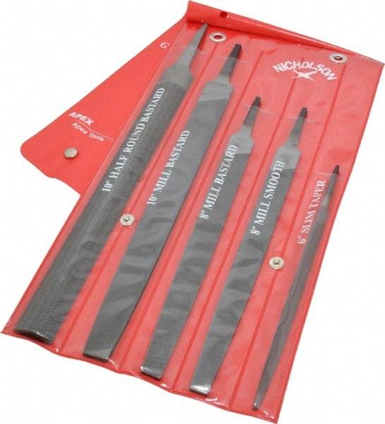 Nicholson - 5 Piece American Pattern File Set - 6", 8", 10" Long, Bastard/Smooth Coarseness, Set Includes Half Round, Mill, Slim Taper - Top Tool & Supply