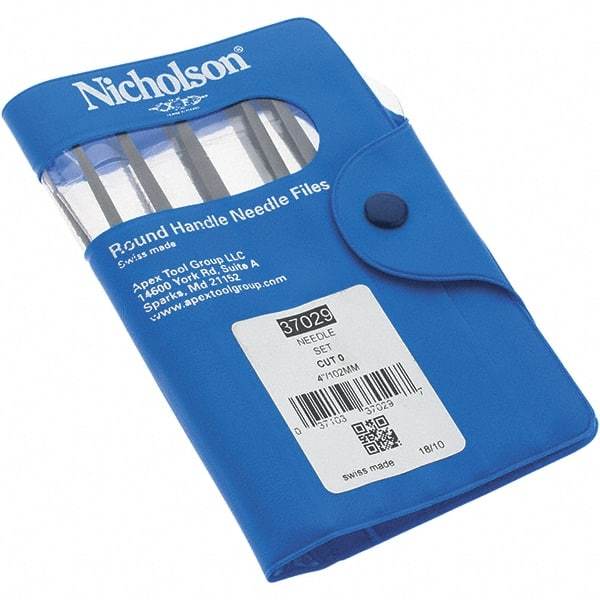 Nicholson - 12 Piece Swiss Pattern File Set - 4" Long, 0 Coarseness, Round Handle, Set Includes Barrette, Crossing, Equalling, Flat, Half Round, Knife, Round, Slitting, Square, Three Square - Top Tool & Supply