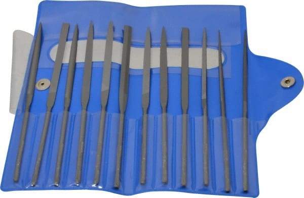 Nicholson - 12 Piece Swiss Pattern File Set - 5-1/2" Long, 4 Coarseness, Round Handle, Set Includes Barrette, Crossing, Equalling, Flat, Half Round, Knife, Round, Slitting, Square, Three Square - Top Tool & Supply