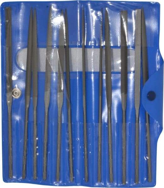 Nicholson - 12 Piece Swiss Pattern File Set - 6-1/4" Long, 0 Coarseness, Round Handle, Set Includes Barrette, Crossing, Equalling, Flat, Half Round, Knife, Round, Slitting, Square, Three Square - Top Tool & Supply