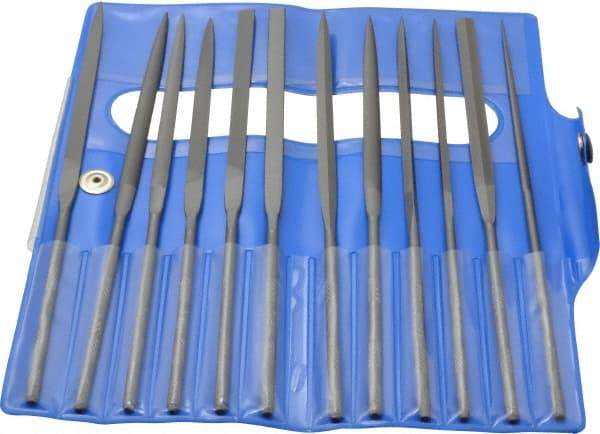 Nicholson - 12 Piece Swiss Pattern File Set - 6-1/4" Long, 2 Coarseness, Round Handle, Set Includes Barrette, Crossing, Equalling, Flat, Half Round, Knife, Round, Slitting, Square, Three Square - Top Tool & Supply