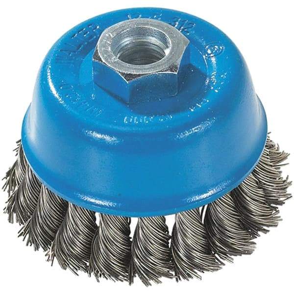 WALTER Surface Technologies - 3" Diam, 5/8-11 Threaded Arbor, Stainless Steel Fill Cup Brush - 0.015 Wire Diam, 12,000 Max RPM - Top Tool & Supply