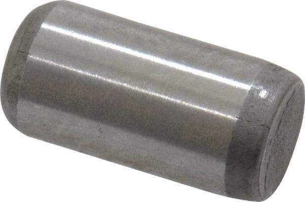 Made in USA - 1/4" Diam x 1/2" Pin Length Grade 8 Alloy Steel Standard Dowel Pin - Bright Finish, C 47-58 & C 60 (Surface) Hardness, 14,720 Lb (Double Shear), 7,360 Lb (Single Shear) Breaking Strength, 1 Beveled & 1 Rounded End - Top Tool & Supply