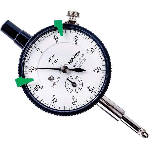 Mitutoyo - 1mm Range, 0-100 Dial Reading, 0.001mm Graduation Dial Drop Indicator - 57mm Dial, 0.1mm Range per Revolution, 0.005mm Accuracy, Revolution Counter - Top Tool & Supply