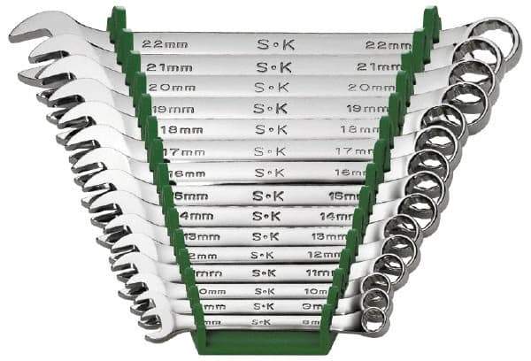 SK - 15 Piece, 8 to 22mm, Combination Wrench Set - Metric System of Measurement, Chrome Finish, Comes in Rack - Top Tool & Supply