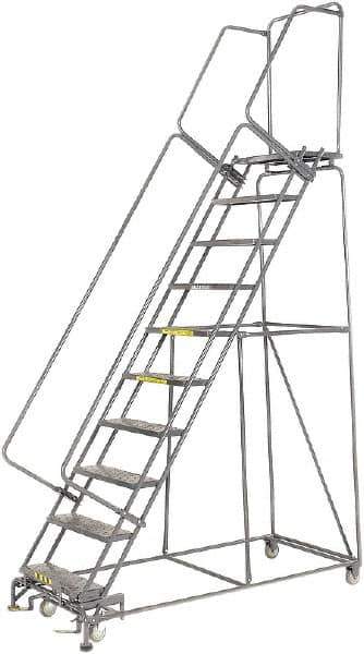 Ballymore - 133" 10 Step Rolling Warehouse Ladder - Lock Step Rolling Safety Ladder, 450 Lb Capacity, 100" Platform Height, 32" Base Width x 74" Base Depth, Perforated Tread - Top Tool & Supply