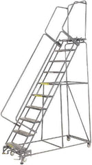 Ballymore - 133" 10 Step Rolling Warehouse Ladder - Lock Step Rolling Safety Ladder, 450 Lb Capacity, 100" Platform Height, 32" Base Width x 74" Base Depth, Perforated Tread - Top Tool & Supply