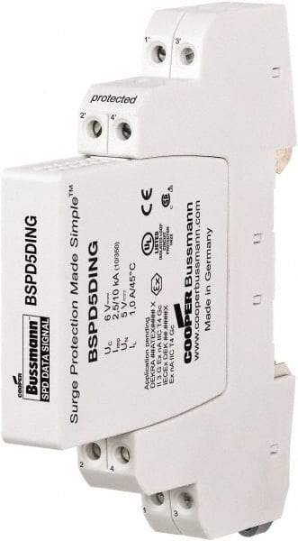 Cooper Bussmann - 4 Pole, 1 Phase, 90mm Long x 12mm Wide x 71.99mm Deep, Hardwired Surge Protector - DIN Rail Mount, 24 V, 23.30 VAC, 33 VDC Operating Voltage, 20 kA Surge Protection - Top Tool & Supply