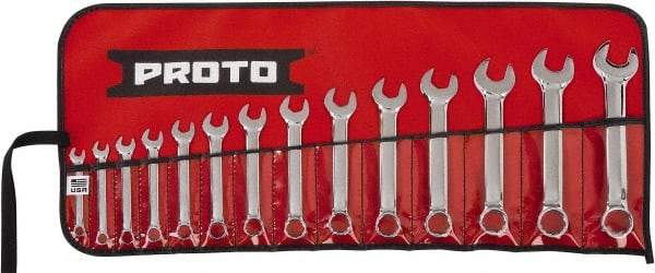 Proto - 14 Piece, 6mm to 19mm, 12 Point Extra Short Combination Wrench Set - Metric Measurement Standard, Full Polish Chrome Finish, Comes in Tool Roll - Top Tool & Supply