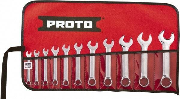 Proto - 11 Piece, 1/4" to 3/4", 12 Point Extra Short Combination Wrench Set - Inch Measurement Standard, Full Polish Chrome Finish, Comes in Tool Roll - Top Tool & Supply