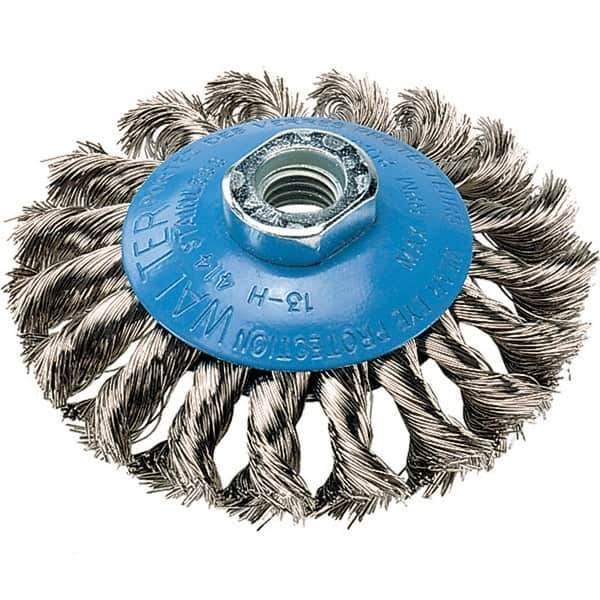 WALTER Surface Technologies - 4" Diam, 5/8-11 Threaded Arbor, Stainless Steel Fill Cup Brush - 0.015 Wire Diam, 20,000 Max RPM - Top Tool & Supply