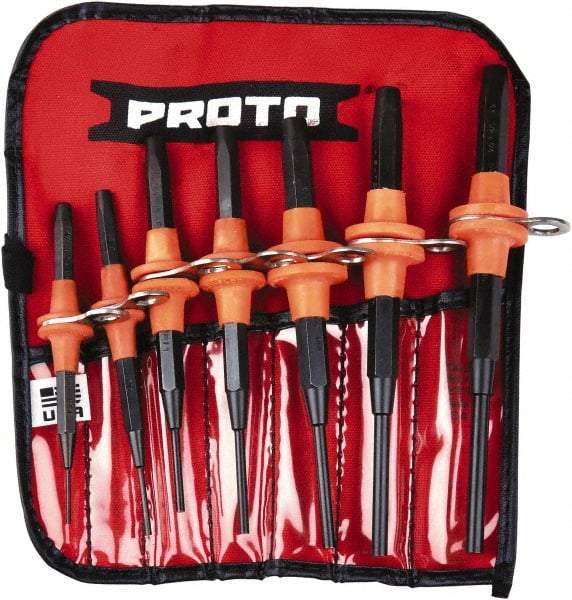 Proto - 7 Piece, 1/16 to 1/4", Tethered Pin Punch Set - Straight Shank, Comes in Nylon Roll - Top Tool & Supply