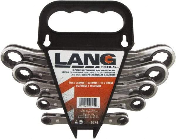 Lang - 5 Piece, 7mm to 21mm, 12 Point Ratcheting Box Wrench Set - Metric Measurement Standard, Nickel Chrome Finish, Comes in Caddy - Top Tool & Supply