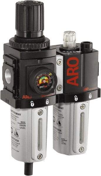 ARO/Ingersoll-Rand - 3/8" NPT Port Compact 2 Piece Filter/Regulator-Lubricator FRL Unit - Metal Bowl, 71 SCFM, 250 Max psi, 8.15" High x 4.409" Long, Manual Drain - Top Tool & Supply