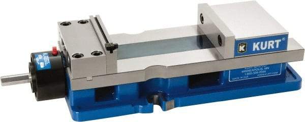 Kurt - 6" Jaw Width, 9" Jaw Opening Capacity, Horizontal Stationary Machine Vise - Reverse Hydraulic Operation, 1 Station, 20.553" Long x 4.86" High x 1-47/64" Deep, 1.735" Jaw Height, 5,250 Lb Max Clamp Force, Ductile Iron - Top Tool & Supply