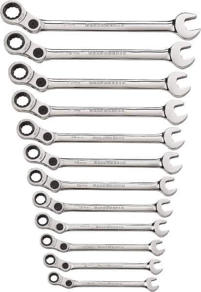 GearWrench - 12 Piece, 8mm to 19mm, 12 Point Combination Wrench Set - Metric Measurement Standard, Chrome Finish - Top Tool & Supply