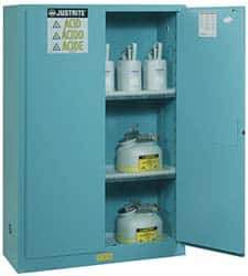 Justrite - 2 Door, 2 Shelf, Blue Steel Standard Safety Cabinet for Corrosive Chemicals - 65" High x 43" Wide x 18" Deep, Manual Closing Door, 3 Point Key Lock, 45 Gal Capacity - Top Tool & Supply