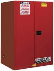 Justrite - 2 Door, 2 Shelf, Red Steel Standard Safety Cabinet for Flammable and Combustible Liquids - 65" High x 43" Wide x 34" Deep, Manual Closing Door, 3 Point Key Lock, 90 Gal Capacity - Top Tool & Supply