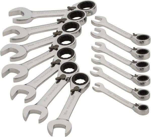 Paramount - 13 Piece, 6mm to 19mm, Stubby Ratcheting Reversible Combination Wrench Set - Metric Measurement Standard, Full Polish Chrome Finish, Comes in Blow Molded Case - Top Tool & Supply