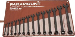 Paramount - 14 Piece, 3/8" to 1-1/4", Combination Wrench Set - Inch Measurement Standard, Black Oxide Finish, Comes in Canvas Roll - Top Tool & Supply