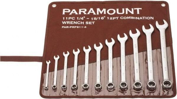 Paramount - 11 Piece, 1/4" to 15/16", Combination Wrench Set - Inch Measurement Standard, Satin Chrome Finish, Comes in Canvas Roll - Top Tool & Supply