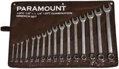 Paramount - 16 Piece, 1/4 to 1-1/4", Combination Wrench Set - Inch System of Measurement, Satin Chrome Finish, Comes in Canvas Roll - Top Tool & Supply