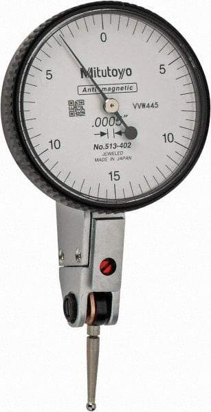 Mitutoyo - 0.03 Inch Range, 0.0005 Inch Dial Graduation, Horizontal Dial Test Indicator - 1.5748 Inch White Dial, 0-15-0 Dial Reading, Accurate to 0.0005 Inch - Top Tool & Supply