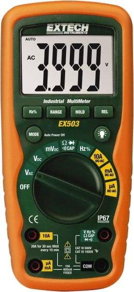 Extech - EX503, CAT IV, 1,000 VAC/VDC, Digital Auto Ranging Average Responding Manual Ranging Multimeter - 40 mOhm, Measures Voltage, Capacitance, Current, Frequency, Resistance - Top Tool & Supply